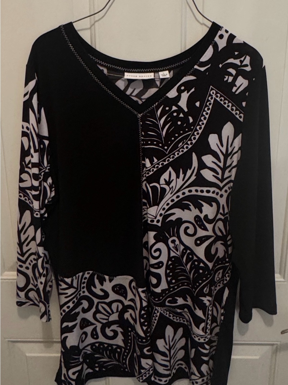 Susan Graver Black & White V-Neck Long Sleeve Top